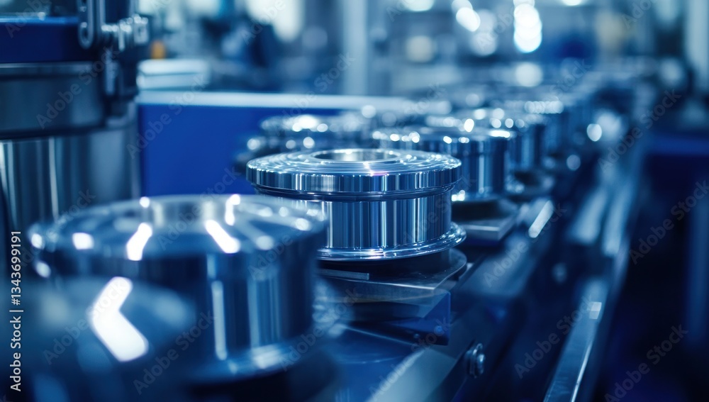 Precise Manufacturing: Polished Metal Parts on a Conveyor Belt Precise Manufacturing: Polished Metal Parts on a Conveyor Belt