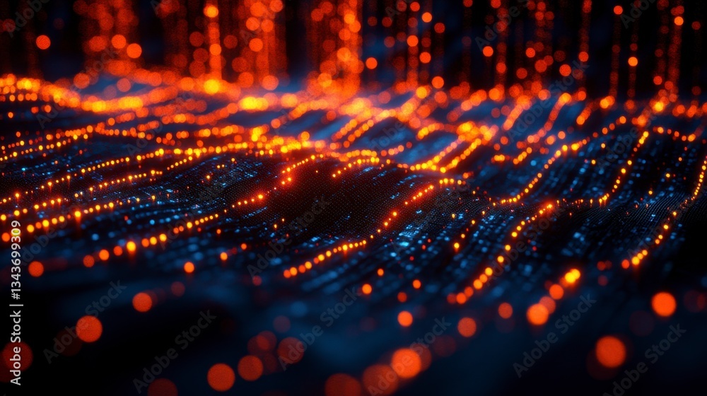 Fototapeta premium Abstract image featuring dynamic waves of luminous orange and blue dots against a dark background, creating a futuristic, digital feel. The bokeh effect enhances the depth and ethereal quality.