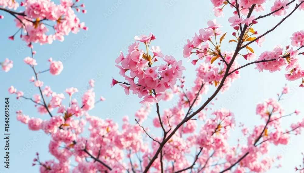 Pink cherry blossoms in full bloom, branches reaching up against a clear sky, garden, picture Pink cherry blossoms in full bloom, branches reaching up against a clear sky, garden, picture