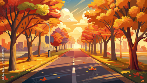 Peaceful road with autumn trees lining the road and sun shining through
