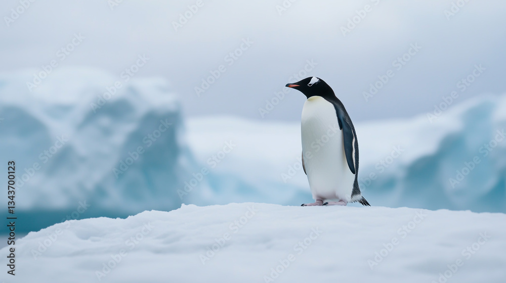 Fototapeta premium A realistic film immerses the audience in the frozen, desolate realm of Antarctica, capturing penguins on the brink of a massive