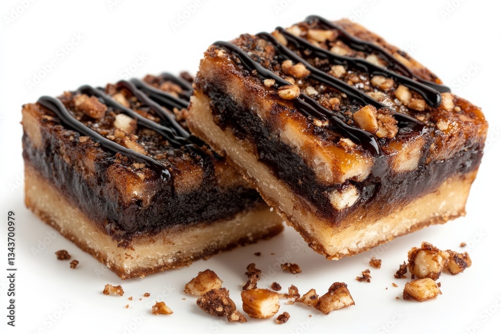 Delicious dessert squares featuring chocolate drizzle and nut topping on a white background Delicious dessert squares featuring chocolate drizzle and nut topping on a white background