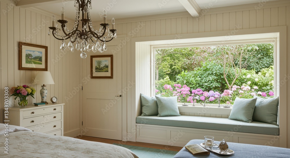 Naklejka premium Cozy Bedroom Interior Featuring Garden View Window Seat and Chandelier