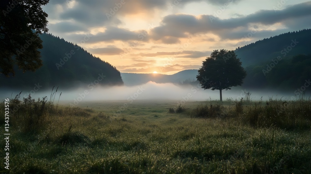 Fototapeta premium A foggy field with a tree in the middle