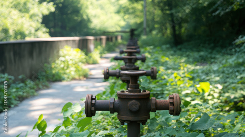 Wallpaper Mural serene composition of pipes and valves surrounded by lush greenery, showcasing beauty of industrial elements in nature. scene evokes sense of tranquility and harmony Torontodigital.ca