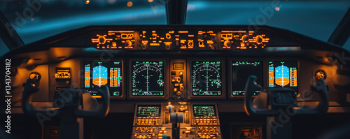 cockpit of aircraft showcases advanced navigation instruments and controls, illuminated by soft orange and blue lights, creating high tech atmosphere. intricate layout emphasizes complexity of