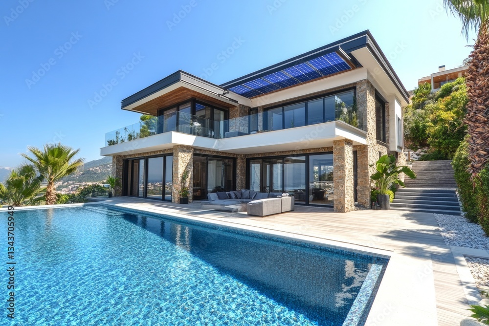Fototapeta premium a luxurious modern villa with a pool and a stunning panoramic view. The architecture is sleek and elegant, with large windows and a beautiful pool area