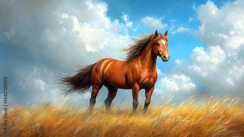 Chestnut Horse in Golden Wheat Field Under Blue Sky Chestnut Horse in Golden Wheat Field Under Blue Sky
