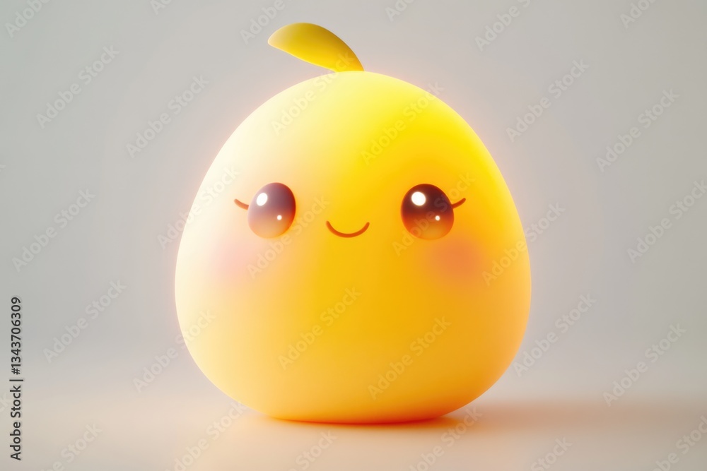 A cute, 3D-rendered yellow fruit character with big eyes and a small leaf. A cute, 3D-rendered yellow fruit character with big eyes and a small leaf.