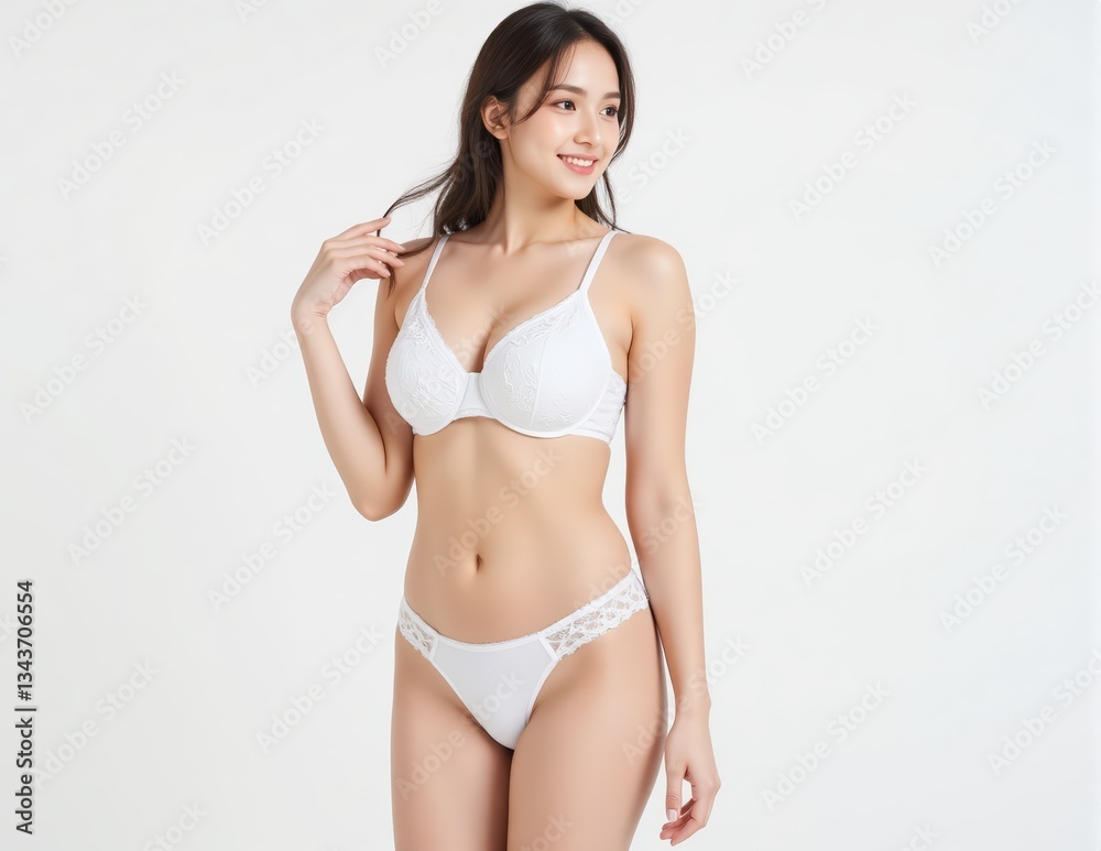 A glowing woman stands in a white studio, wearing a white bra and panties. Her gentle smile and side gaze highlight her toned body and radiant skin, perfectly framed by the clean, minimalist backdrop A glowing woman stands in a white studio, wearing a white bra and panties. Her gentle smile and side gaze highlight her toned body and radiant skin, perfectly framed by the clean, minimalist backdrop