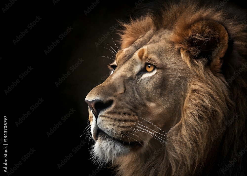 Naklejka premium Lion king isolated on black. Lion great looking at camera. The Lion king. 