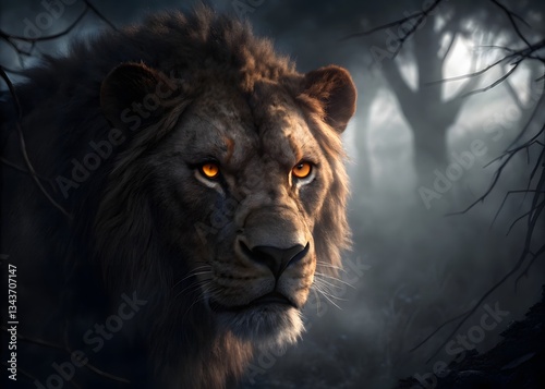 Close-up portrait of a lion looking at the camera with interest against a dark and horror background