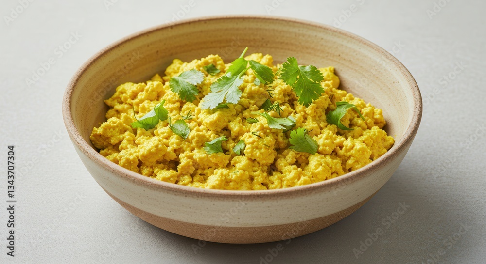 Serving of Yellow Scrambled Tofu with Cilantro in Rustic Bowl Serving of Yellow Scrambled Tofu with Cilantro in Rustic Bowl