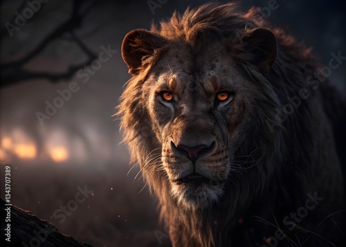 Close-up portrait of a lion looking at the camera with interest against a dark and horror background