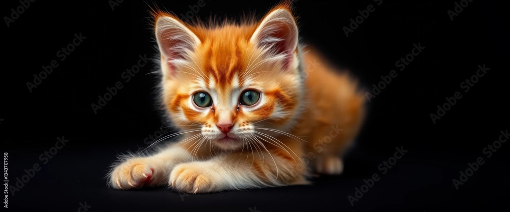 Fototapeta premium Red British kitten with green eyes playfully paws, curious expression on black background, red cat, studio shot