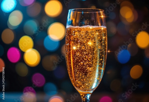 Golden Hour Celebration: A sparkling champagne flute raises a toast to joyous moments, captured in warm, inviting light against a bokeh backdrop of vibrant colors.