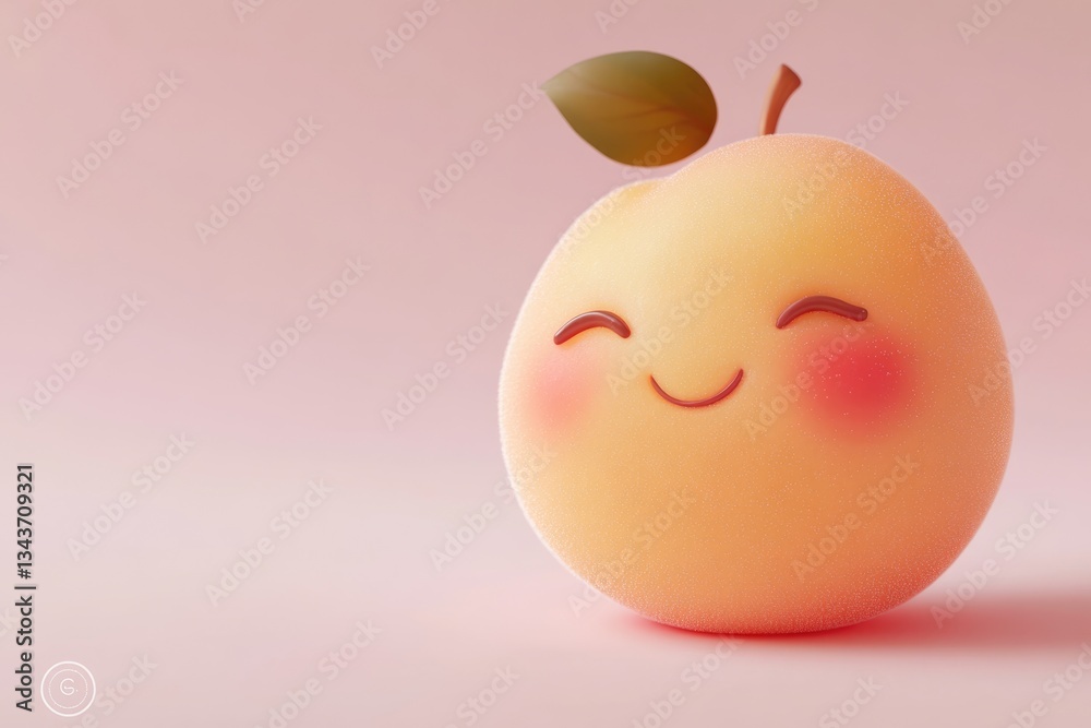 A cute, smiling peach with a leaf sits on a pink background. A cute, smiling peach with a leaf sits on a pink background.
