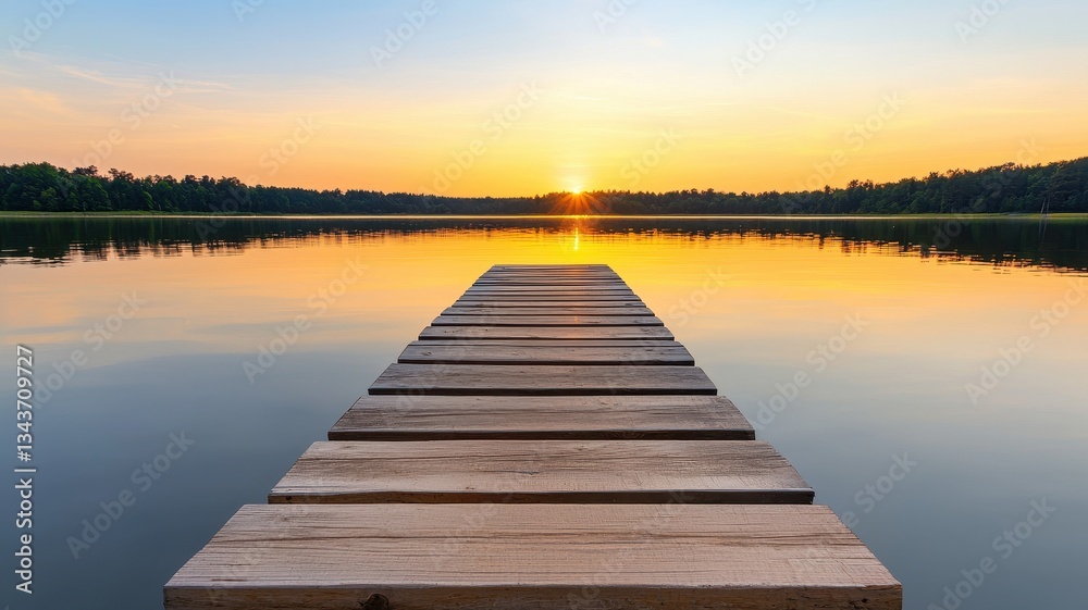 Burnout recovery, relaxation and therapy concept. A tranquil wooden dock extends into a serene lake, reflecting a beautiful sunset with warm hues and a peaceful atmosphere. Burnout recovery, relaxation and therapy concept. A tranquil wooden dock extends into a serene lake, reflecting a beautiful sunset with warm hues and a peaceful atmosphere.