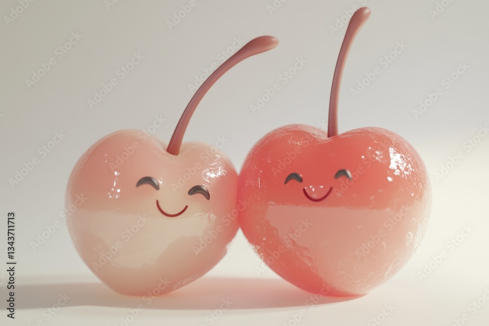 Two cute cartoon cherries with happy faces, side by side.