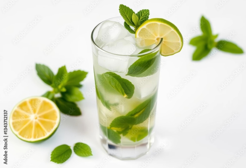 Refreshing mojito cocktail in a glass, ice cubes, mint leaves, lime wedges, white background, elegant, mint sprig Refreshing mojito cocktail in a glass, ice cubes, mint leaves, lime wedges, white background, elegant, mint sprig