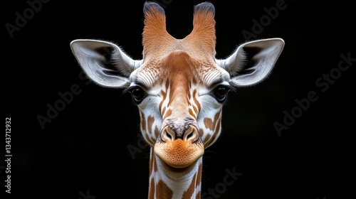 Close-up portrait of a giraffe's face, head and neck.  Focused on the giraffe's expressive features against a black background