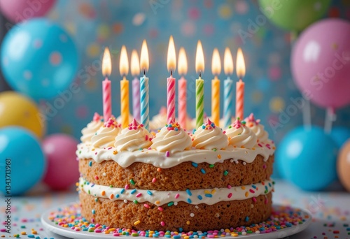A delightful two-layered birthday cake adorned with colorful candles and sprinkles, surrounded by cheerful balloons in a vibrant festive setting. photo