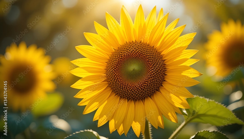 Obraz premium A radiant sunflower basking in golden sunlight, symbolizing summer's warmth and joyful energy in a field of blooms.