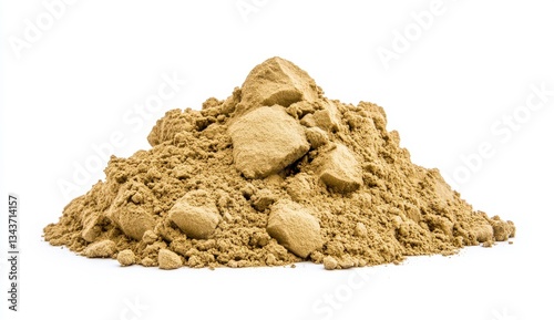 A pile of light brown powder isolated on a white background. The powder has a slightly coarse texture with some larger clumps visible.