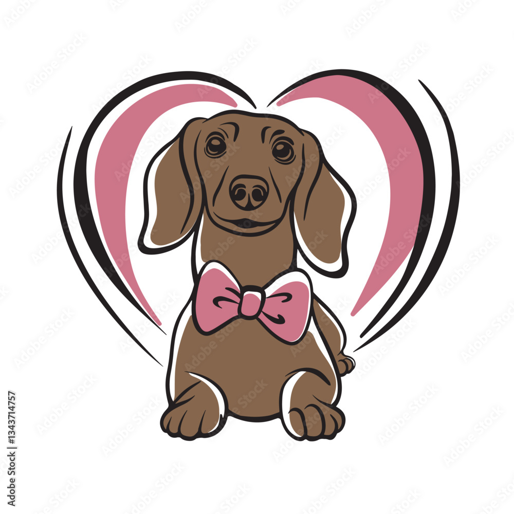 Funny Dachshund silhouette in heart vector black animal on white background, line art