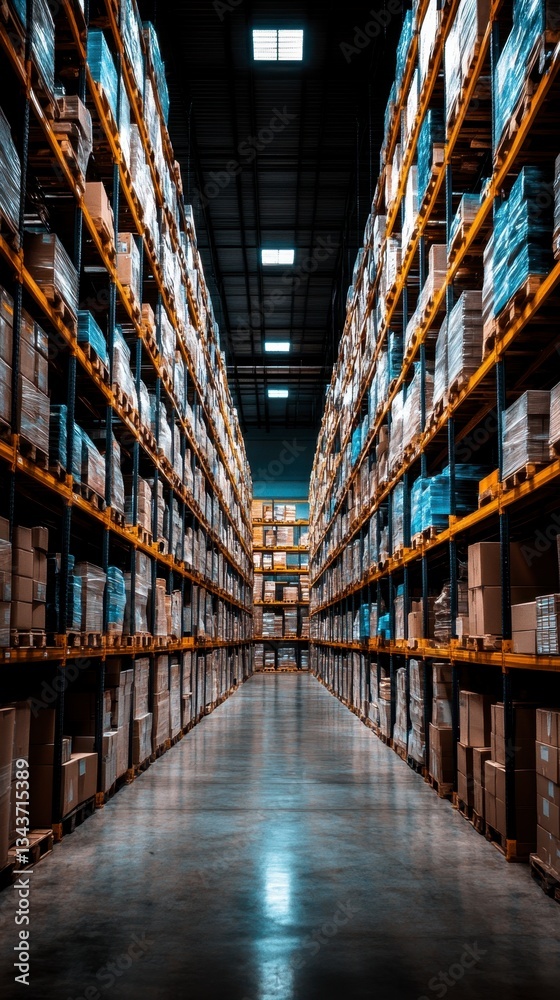 Fototapeta premium A long aisle in a warehouse is filled with shelves of cardboard boxes. The floor is reflective, and the lighting is bright.