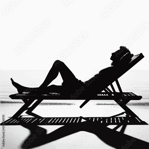 A black and white silhouette of a man relaxing on a chaise longue by the sea. Vector graphics. EPS.