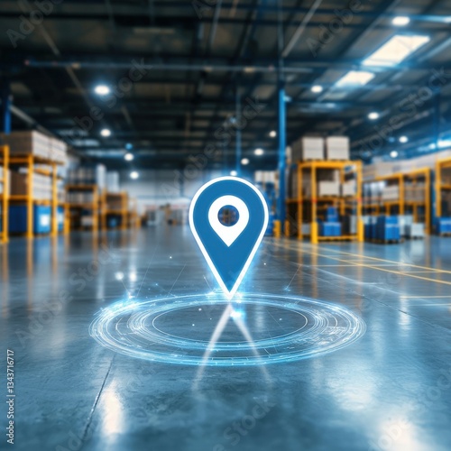 An advanced logistics center underlined by a glowing location pin for supply chain innovation