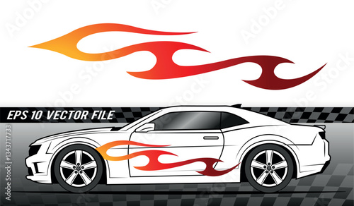 Tribal fire flame race car body side vinyl sticker vector eps art image file. Burning tires and flames sport car decal. Side speed decoration for cars, auto, truck, boat, suv, motorcycle.