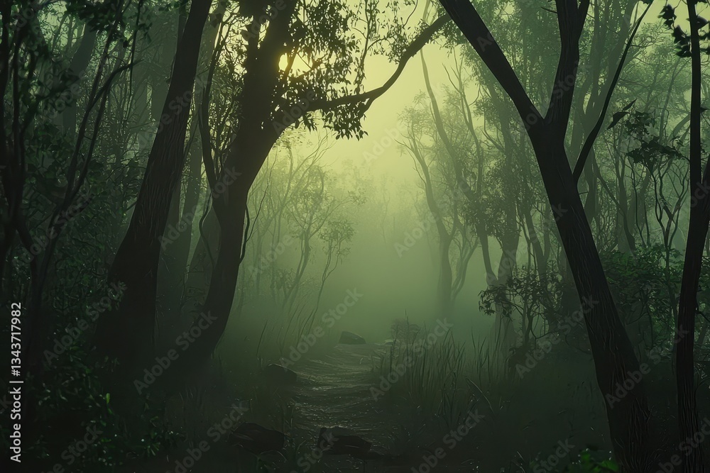 Foggy Forest Path: A narrow, winding path through a dense, fog-laden forest, with tall trees on both sides Foggy Forest Path: A narrow, winding path through a dense, fog-laden forest, with tall trees on both sides