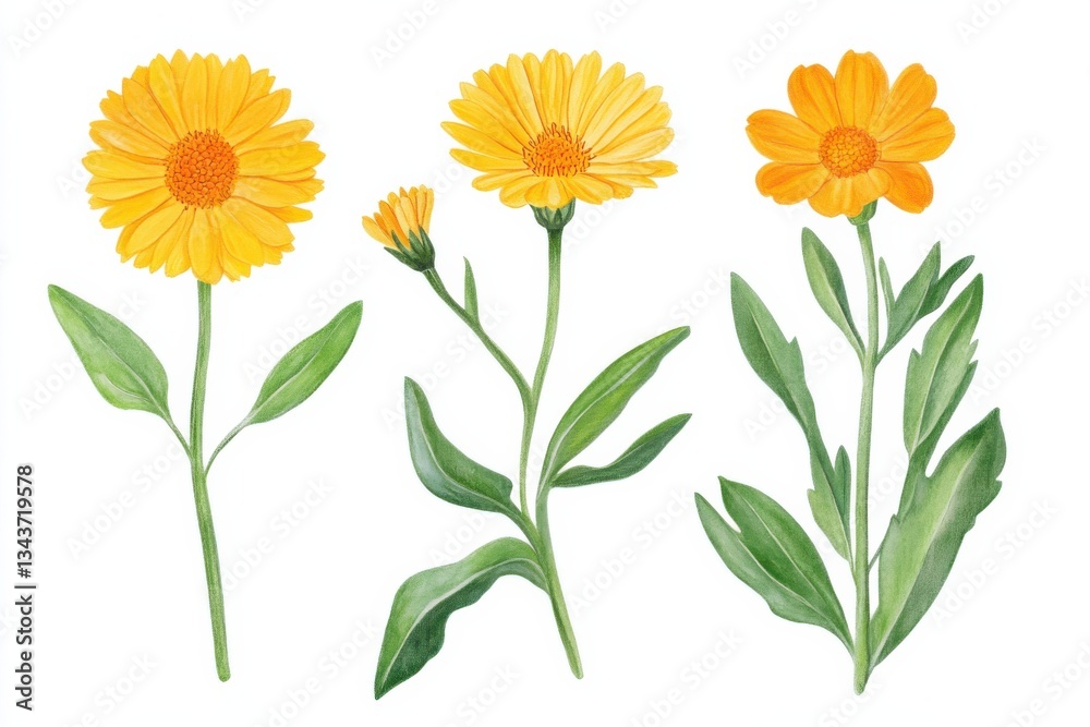 Naklejka premium Illustration showcasing different parts of calendula plant including flowers, buds, and leaves