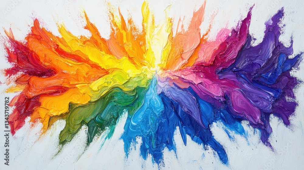 Vivid rainbow paint bursts in deep purple, blue, and bright yellow, enhanced with a glossy finish, creating a joyful and lively mood on a textured white canvas. Vivid rainbow paint bursts in deep purple, blue, and bright yellow, enhanced with a glossy finish, creating a joyful and lively mood on a textured white canvas.