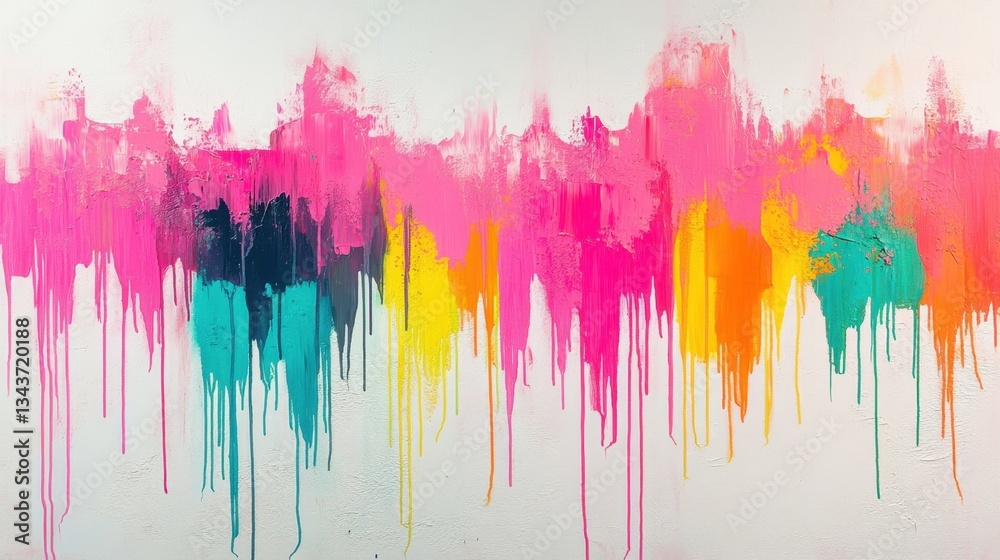 Fototapeta premium Bold, whimsical rainbow splatters in neon pink, turquoise, and lime, captured on a textured white canvas with a glossy reflective finish.