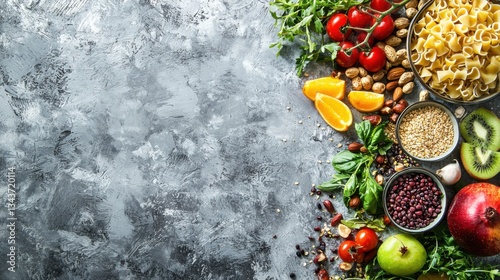 Vegan high dietary fibre and immune boosting health food with fruit, vegetables, whole wheat pasta, legumes, cereals, nuts and seeds with foods high in omega 3, antioxidants, anthocyanins, vitamins.