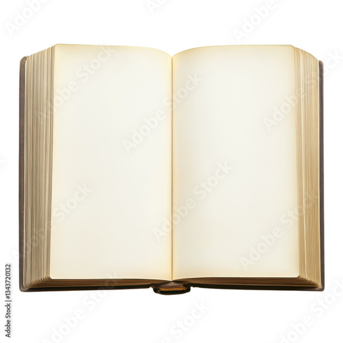 Blank pages of an open book with a textured cover in a well-lit setting during the day on transparent background