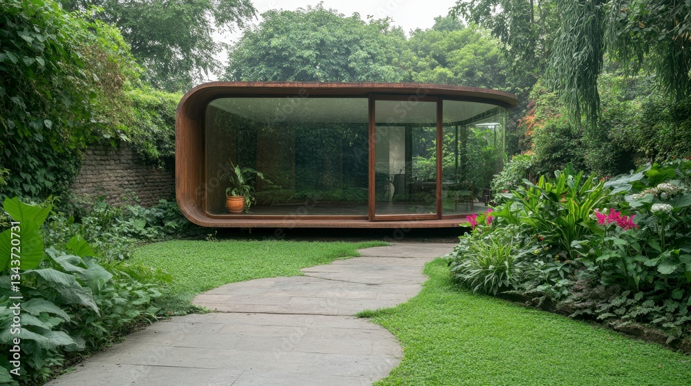 Fototapeta premium Modern rust colored curved structure nestled in a lush green garden with a winding pathway. Tranquil and serene atmosphere. Natural light illuminates the interior.