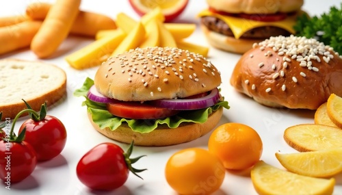 Close up of various junk food items against white , white background, fries, junk