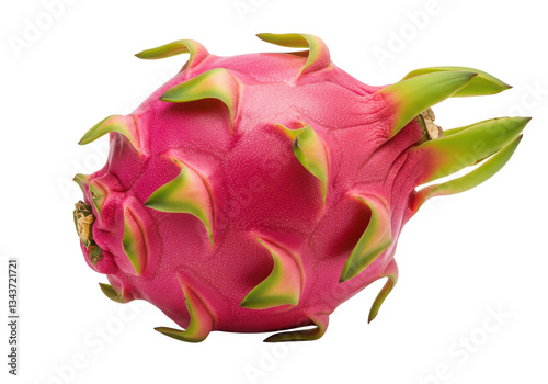 A close up of a vibrant pink dragon fruit with green tipped scales against a white background 