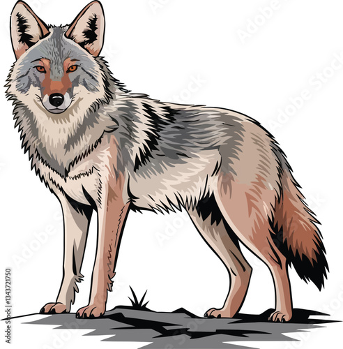 Cute cartoon coyote sitting isolated on white background