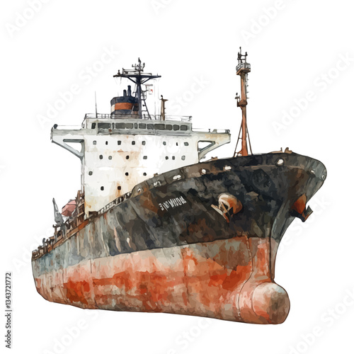 A watercolor vector painting of a bulk carrier ship, isolated on a white background. Bulk carrier vector.

