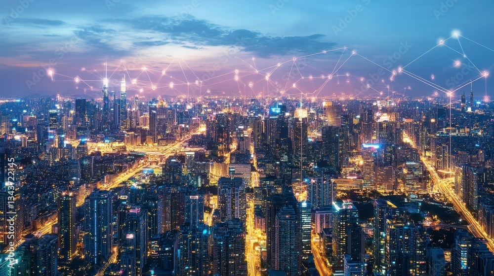 Obraz premium Night cityscape with glowing lights and network connections, aerial view.