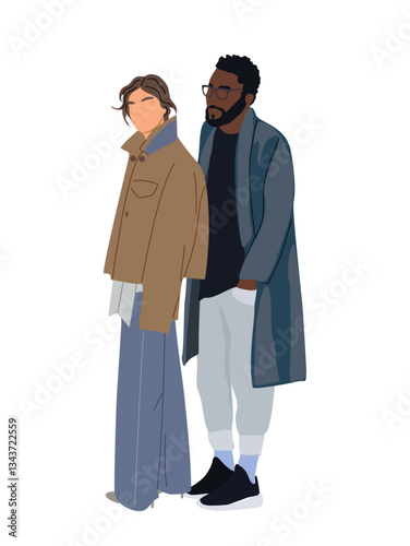 Modern fashion Interracial couple standing. Black man, blond young woman in casual outfit, urban clothes for autumn, fall season, street style. Vector illustration isolated on transparent background.