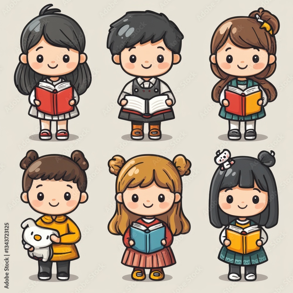 Icons about boys and girls with smiling face image holding a book in cute office formal costume Icons about boys and girls with smiling face image holding a book in cute office formal costume