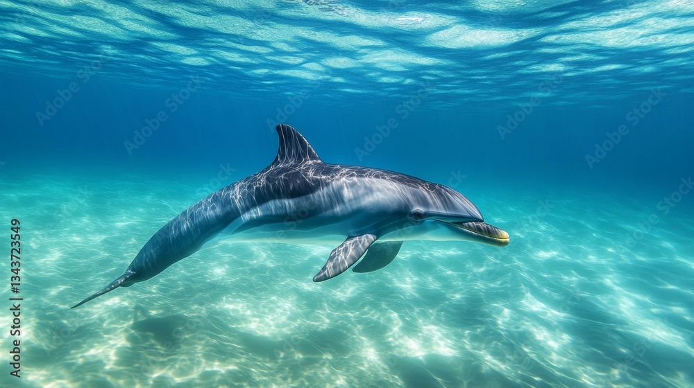 Obraz premium Bottlenose dolphin (Tursiops truncatus) swimming in clear waters.