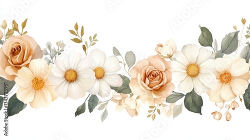 Romantic hand-painted floral arch of ivory daisies and delicate roses, elegantly framing a monogram for a wedding invitation.