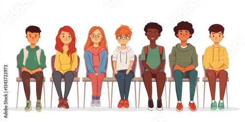 Front view of classmates sitting on chairs for photo isolated flat  illustration. Cartoon group portrait of students in classroom. School and education